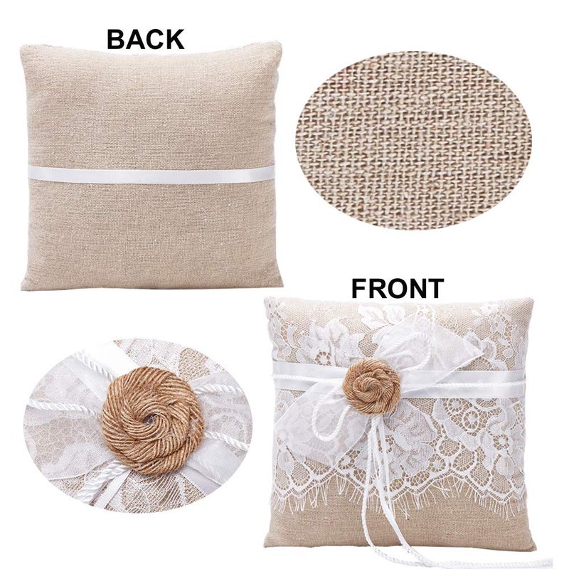 Amajoy Vintage Rustic Burlap Lace Wedding Ring Pillow Ring Bearer Pillow 7.5 inch x 7.5 inch - Image 4